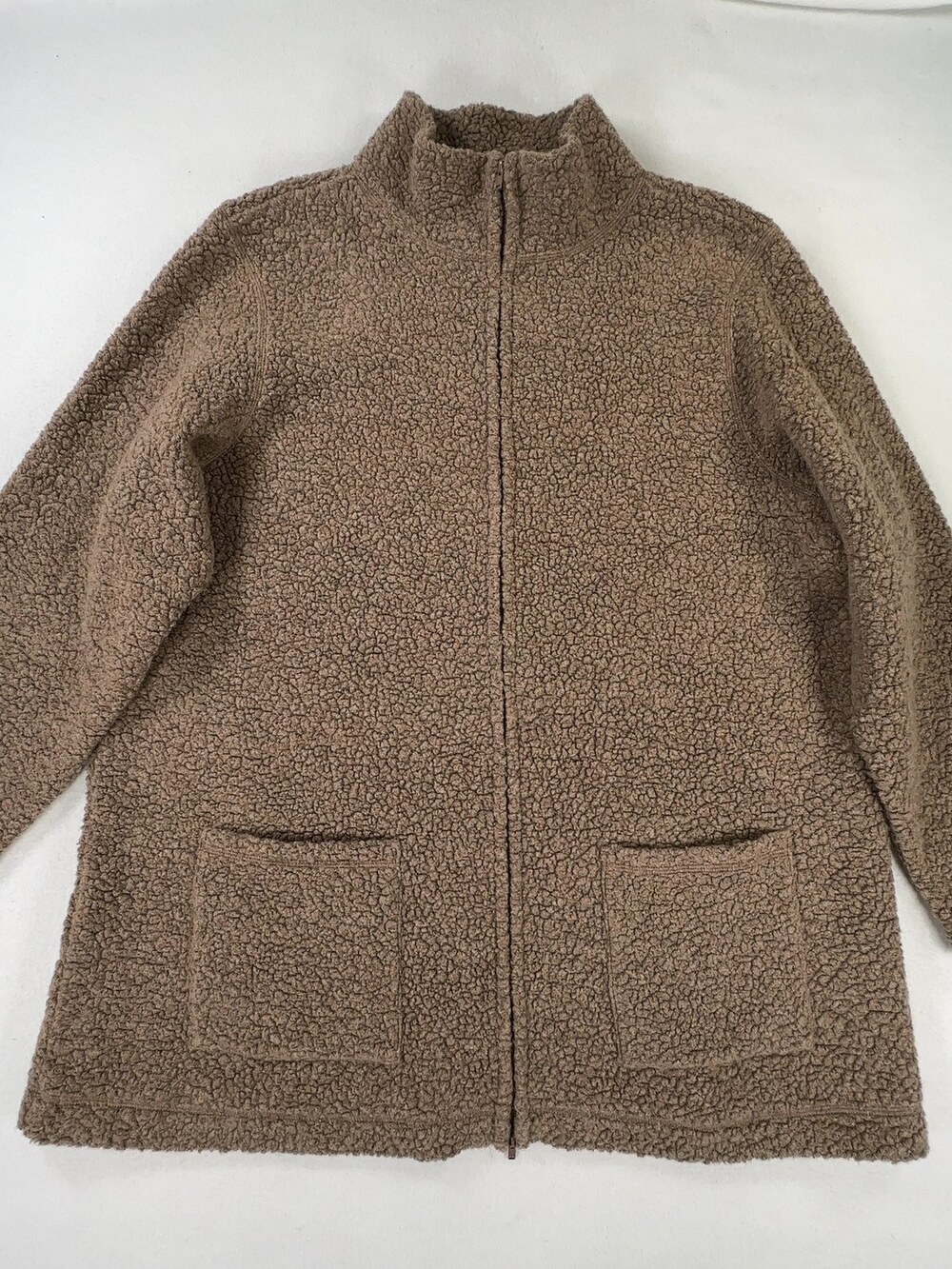 Eileen Fisher Zip Teddy Fleece Jacket Taupe Italian Wool Blend Women's Large